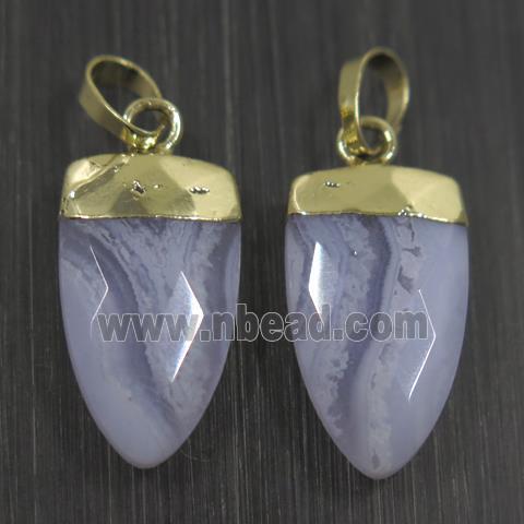 Blue Lace Agate pendants, faceted arrowhead, gold plated
