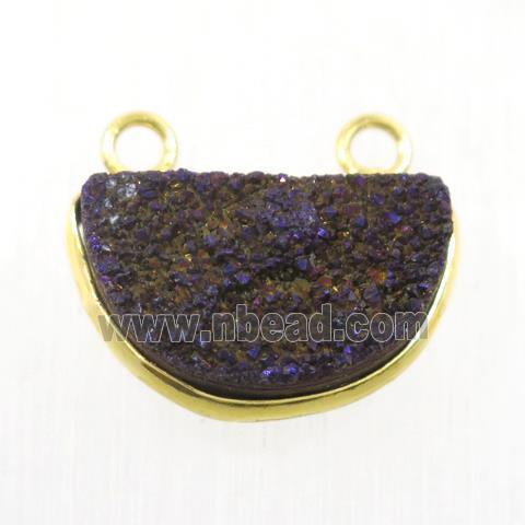 purple electroplated Druzy Quartz half-moon pendants with 2loops