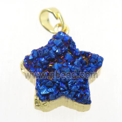 blue electroplated Druzy Quartz star pendant, gold plated