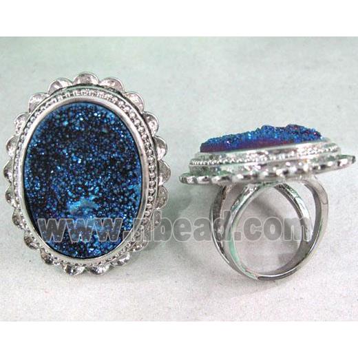 blue electroplated druzy agate ring, oval