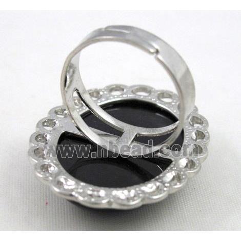 black onyx ring, adjustable, copper, platinum plated