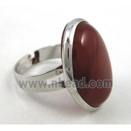 red agate Ring , adjustable, copper, platinum plated