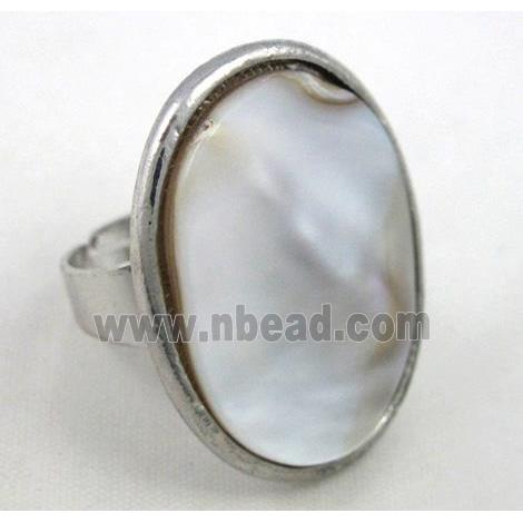 mother of pearl ring, adjustable, copper, platinum plated