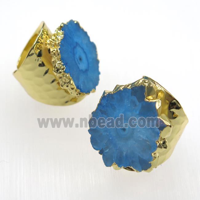 blue Solar Quartz Druzy Ring, copper, gold plated