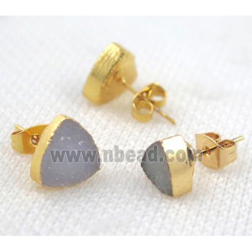 druzy agate earring studs, copper, triangle, gold plated