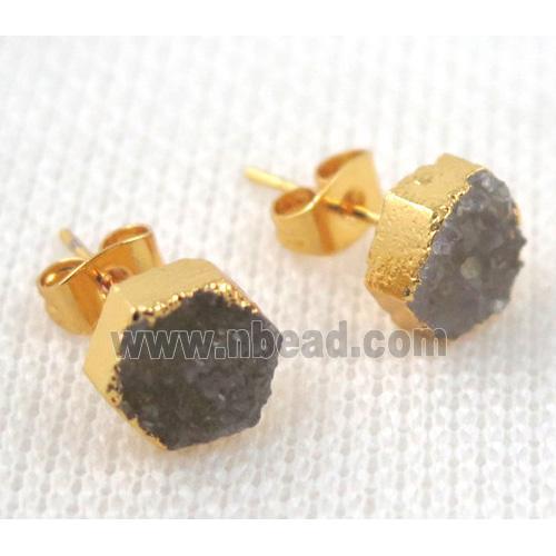 druzy agate earring studs, copper, gold plated