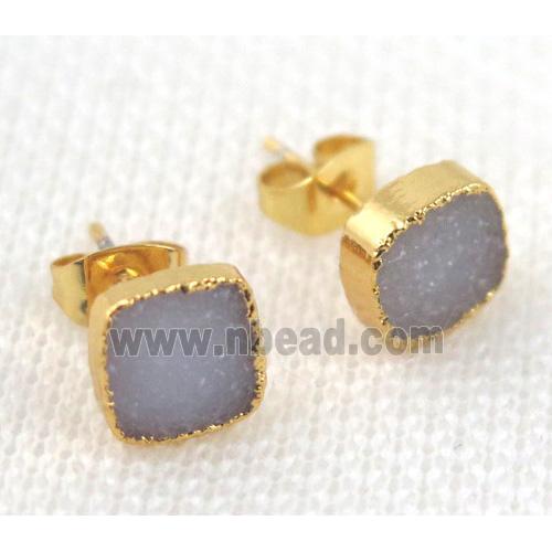 druzy agate earring studs in natural color, copper, square, gold plated