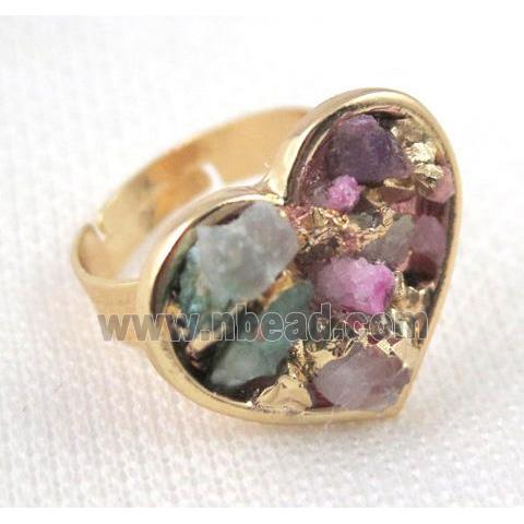 Fluorite ring, heart, copper, gold plated