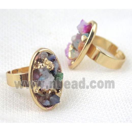 Fluorite ring, oval, copper, gold plated
