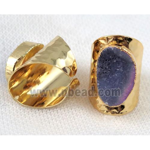 purple druzy quartz ring, copper, gold plated