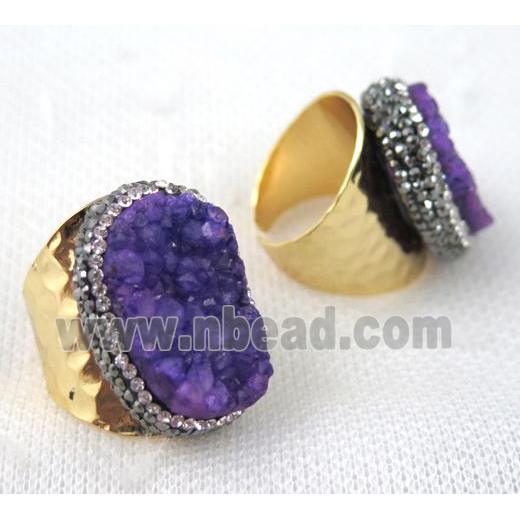 purple druzy quartz ring pave rhinestone, copper, gold plated