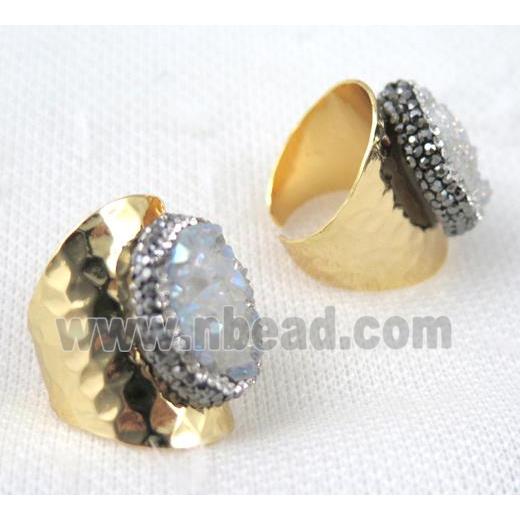 white AB-color druzy quartz ring pave rhinestone, copper, gold plated