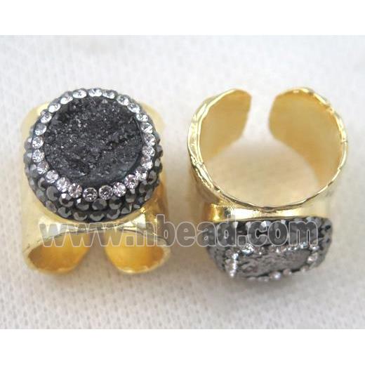 black agate druzy Ring pave rhinestone, copper, gold plated