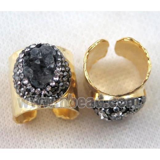 black agate druzy Ring pave rhinestone, copper, gold plated