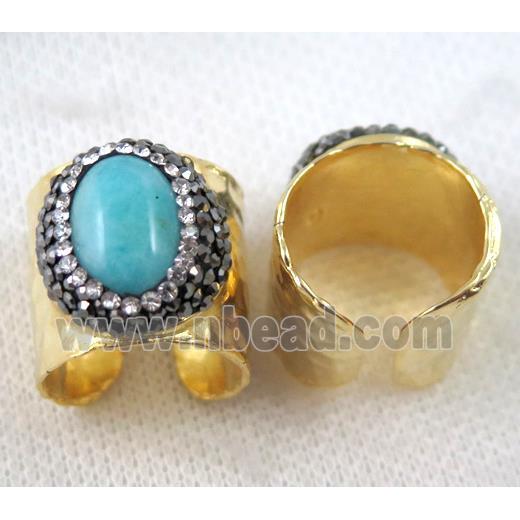 Amazonite Ring pave rhinestone, copper, gold plated
