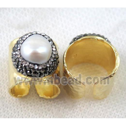 white pearl ring pave rhinestone, copper, gold plated