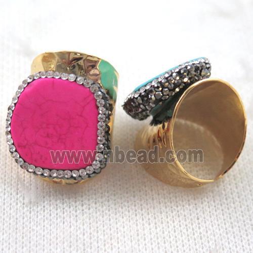 hotpink turquoise ring paved rhinestone, copper, gold plated