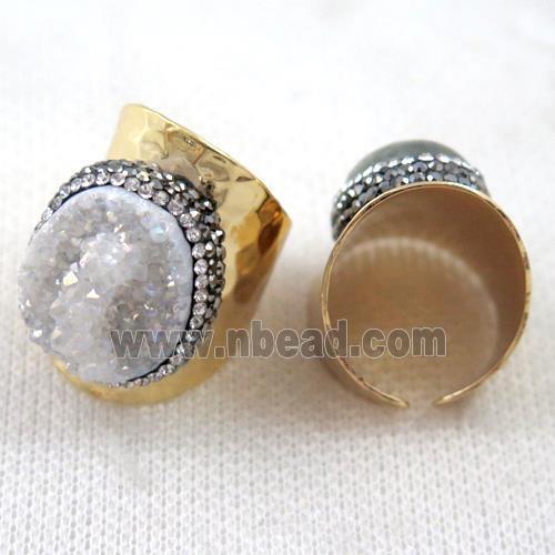 white AB-color Druzy Quartz ring paved rhinestone, copper, gold plated
