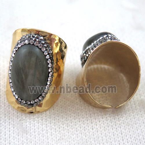 oval labradorite ring paved rhinestone, copper, gold plated