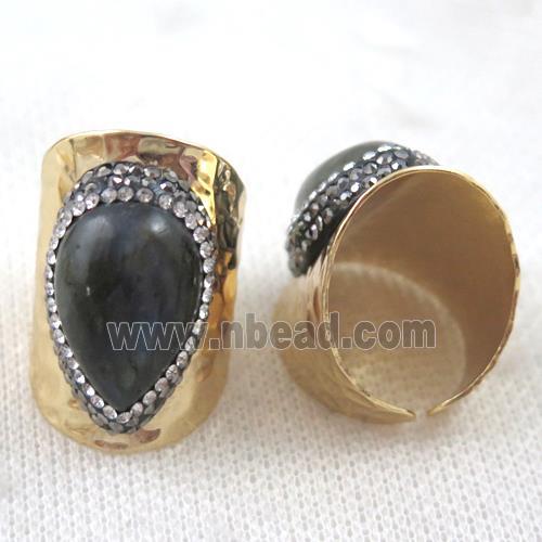 teardrop labradorite ring paved rhinestone, copper, gold plated
