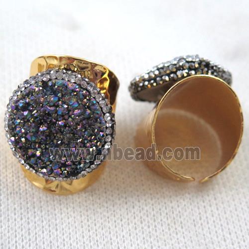 rainbow Agate druzy Ring paved rhinestone, copper, gold plated