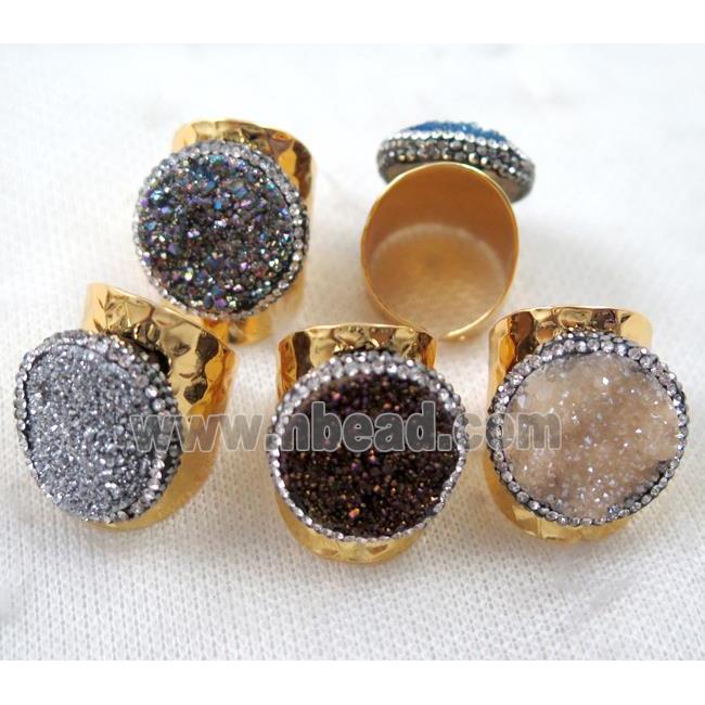 mixed Agate druzy Ring paved rhinestone, copper, gold plated