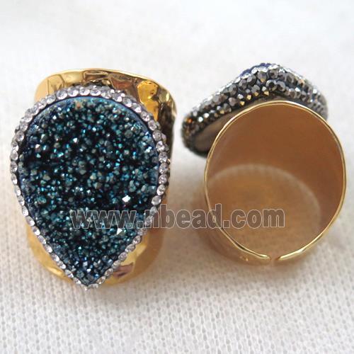 green electroplated Agate druzy Ring paved rhinestone, copper, gold plated