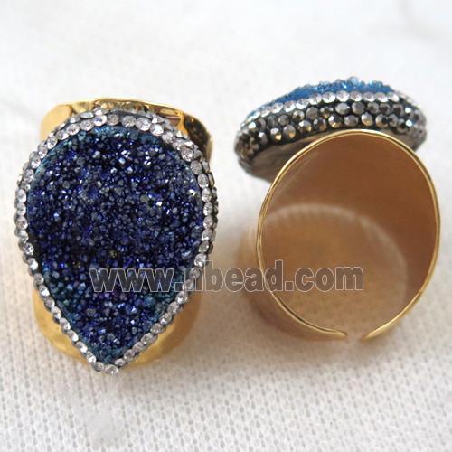 blue electroplated Agate druzy Ring paved rhinestone, copper, gold plated