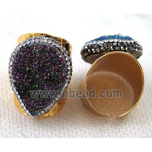 purple Agate druzy Ring paved rhinestone, copper, gold plated