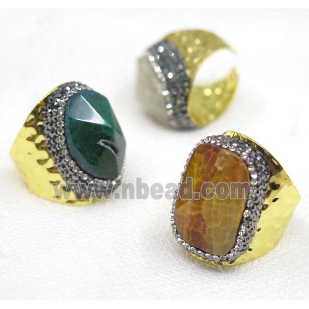 mix color Agate Rings pave rhinestone, copper, gold plated