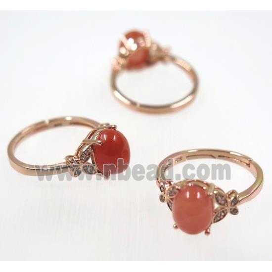 red Chinese NanHong Agate Ring, copper, rose gold plated