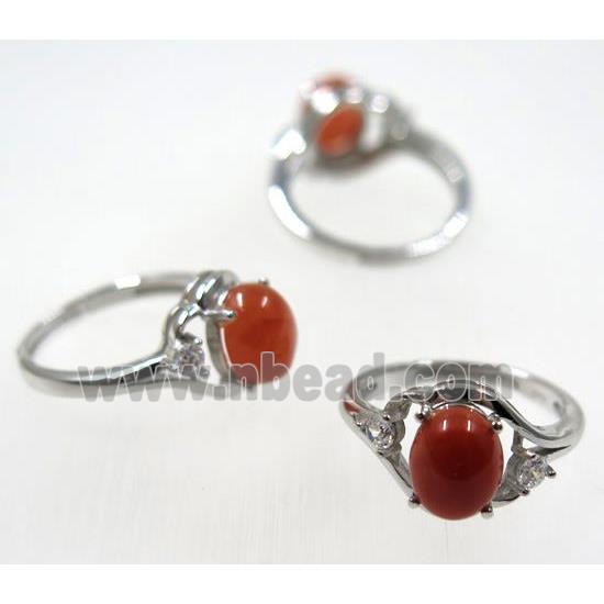 red Chinese NanHong Agate Ring, copper, platinum plated