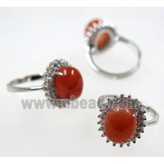 red Chinese NanHong Agate Ring, copper, platinum plated