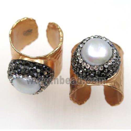 white pearl ring pave rhinestone, copper, rode gold plated