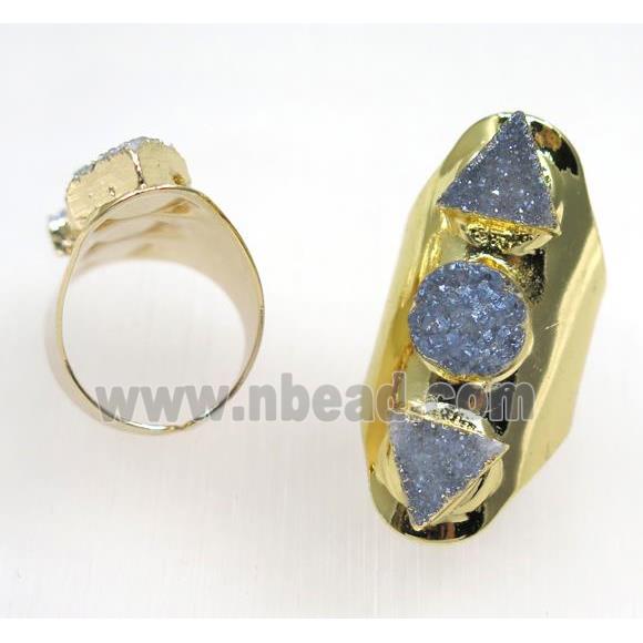 bluegray druzy quartz ring, gold plated