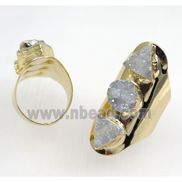 white ab-color druzy quartz ring, gold plated