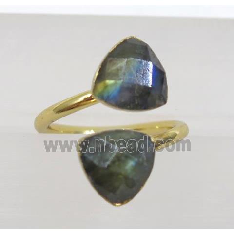 Labradorite ring, faceted triangle, gold plated