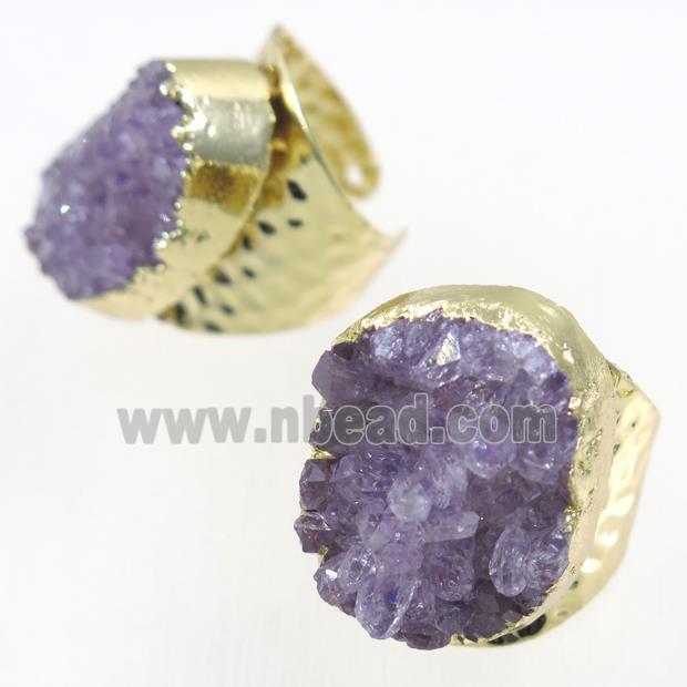 druzy Amethyst copper Ring, gold plated