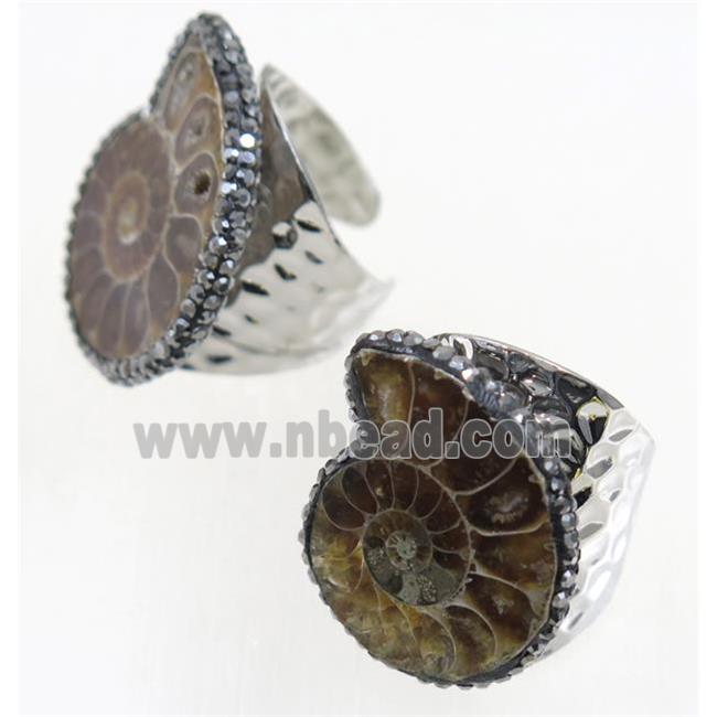 Ammonite Fossil copper Ring paved rhinestone, silver plated