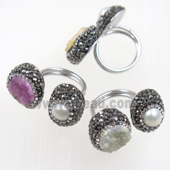 freshwater Pearl and Druzy Ring paved rhinestone