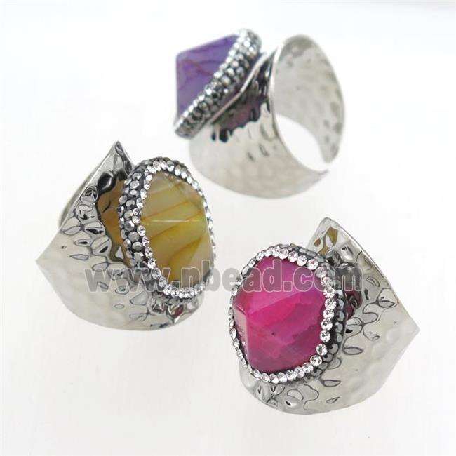 mixed color point Agate Ring paved rhinestone, copper, platinum plated