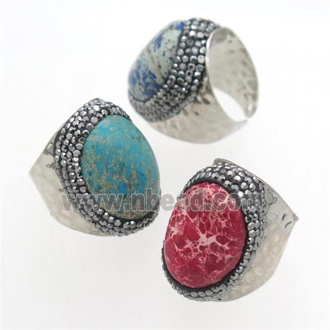 mixed colors Imperial Jasper Rings paved rhinestone, copper, platinum plated