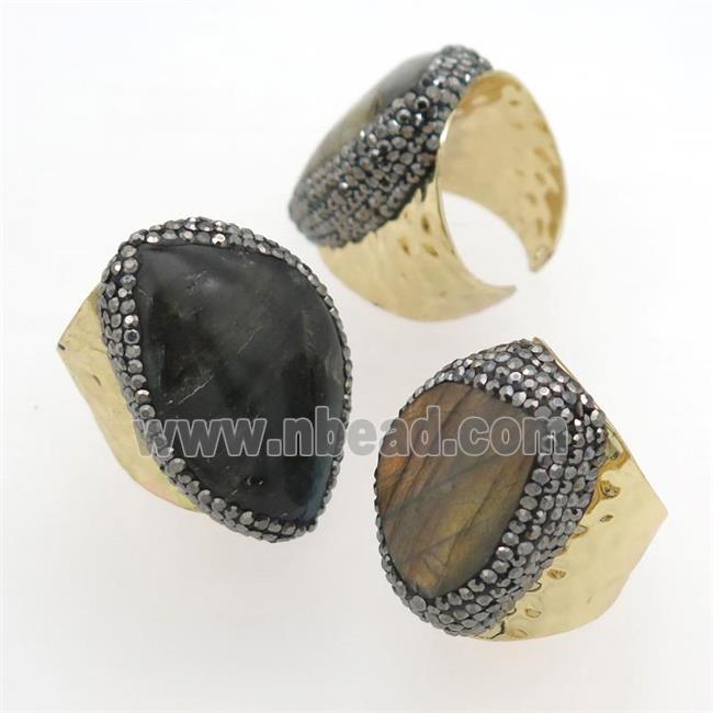 Labradorite Rings Paved Rhinestone, copper, gold plated