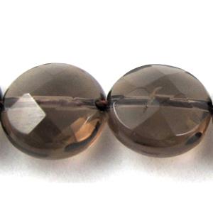 Smoky Quartz beads, faceted flat round