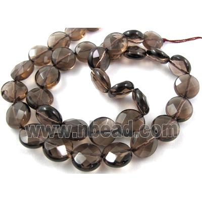 Smoky Quartz beads, faceted flat round