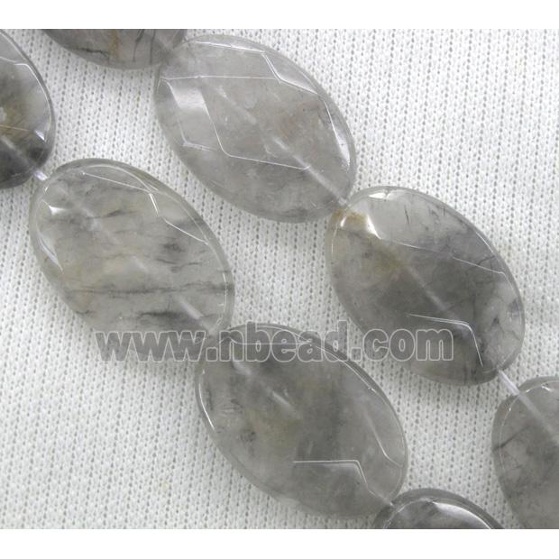 natural cloudy quartz bead, grey, faceted oval