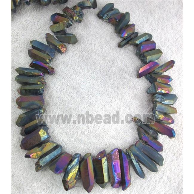 clear quartz stick bead, freeform, rainbow electroplated