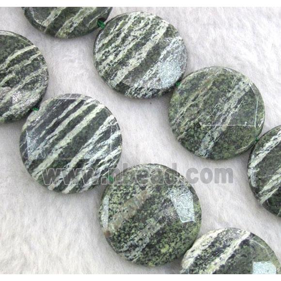 Natural Green Silver-line Jasper Beads, faceted flat round