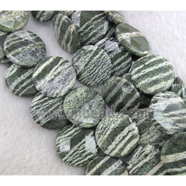 Natural Green Silver-line Jasper Beads, faceted flat round