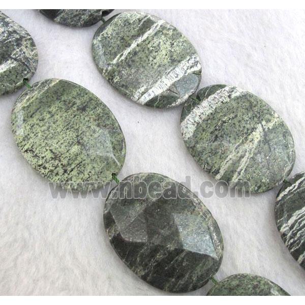 Natural Green Silver-line Jasper Beads, faceted flat oval